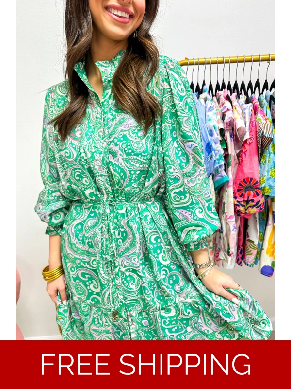 Green Paisley Print Long Sleeve Button Front Tied Waist Mini Dress